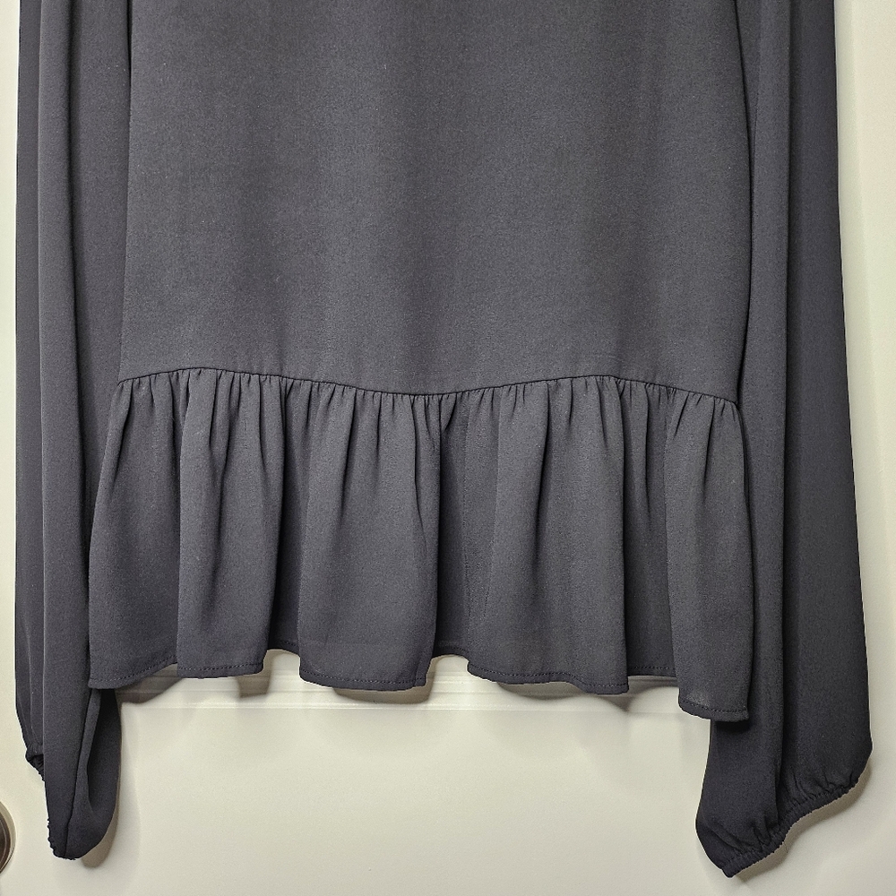 LOFT Semi Sheer Peplum Black Blouse Size Medium Long Sleeve Keyhole Back Classic - Picture 5 of 12